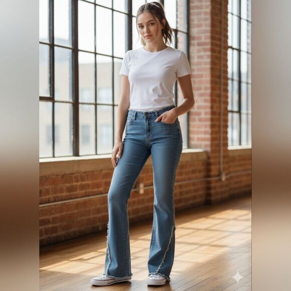 Bebe Wide Leg Frayed Stretch Jeans - Picture 1 of 11